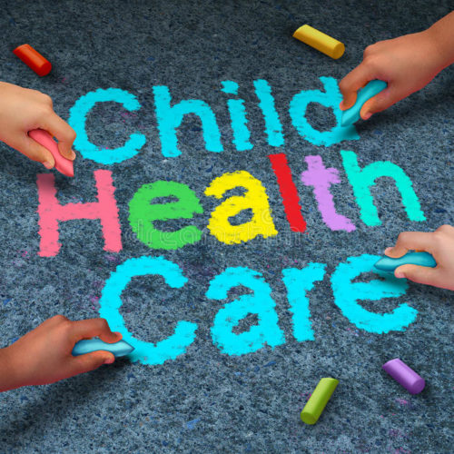 illustration of child hands writing Child Health Care with chalk