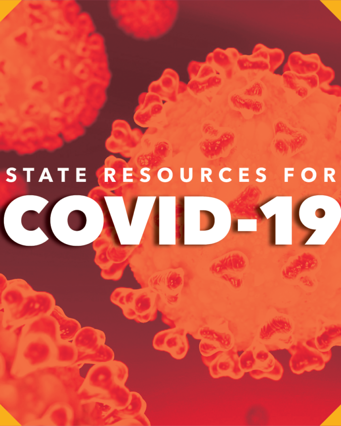 COVID-19 text over red image of virus