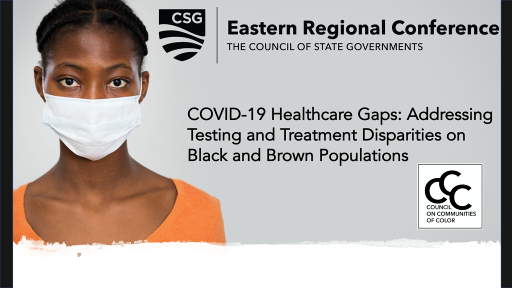 African American woman with white surgical mask on event logo