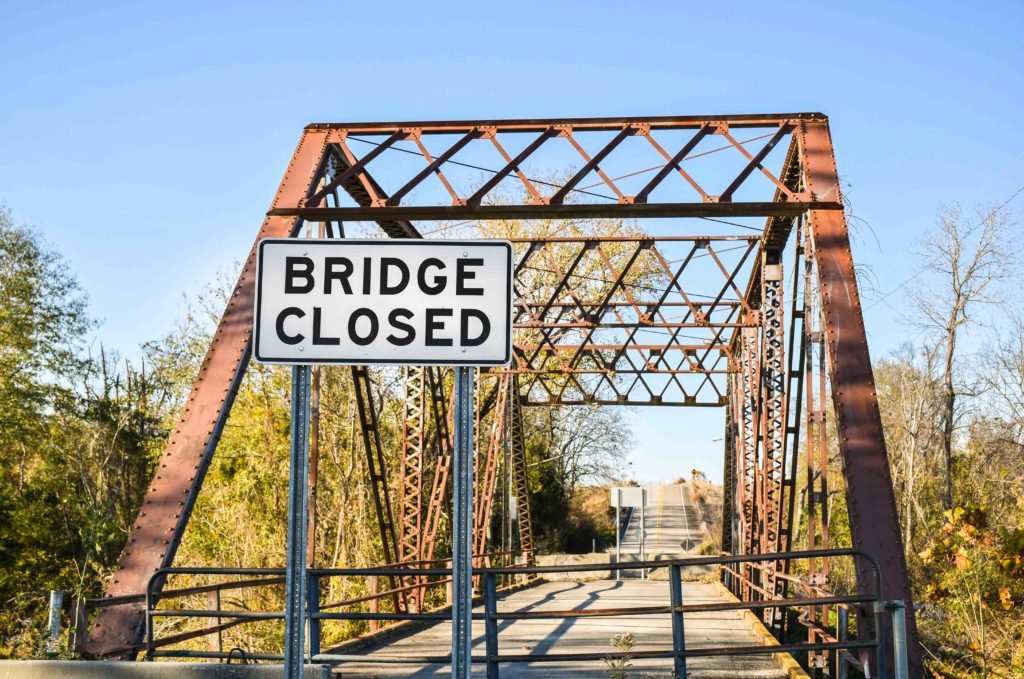 Bridge with "bridge closed" sign